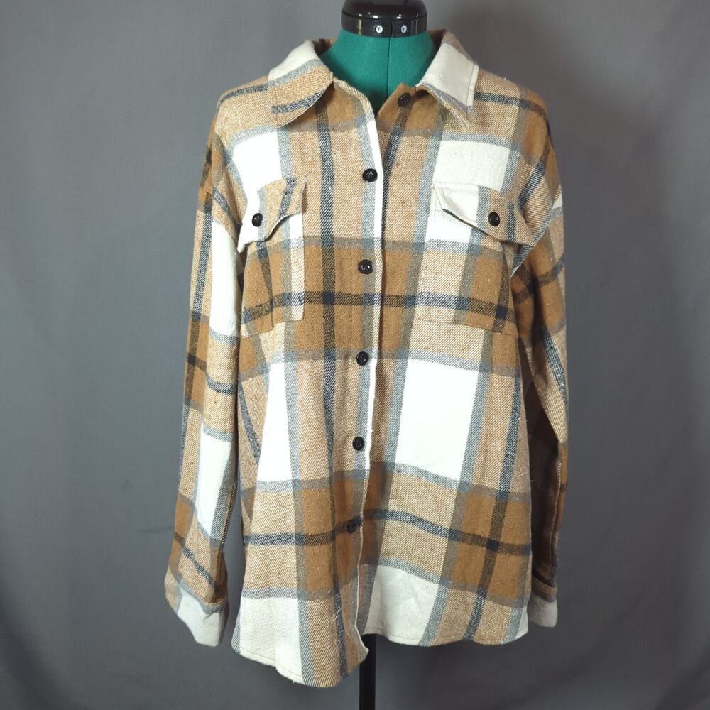 Automet Plaid Shacket Jacket Button Front Oversized Neutral NWT Medium